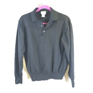 Linea Uomo Mens Polo Sweater Made Italy Fine Merino Wool Knit Long Sleeve Black